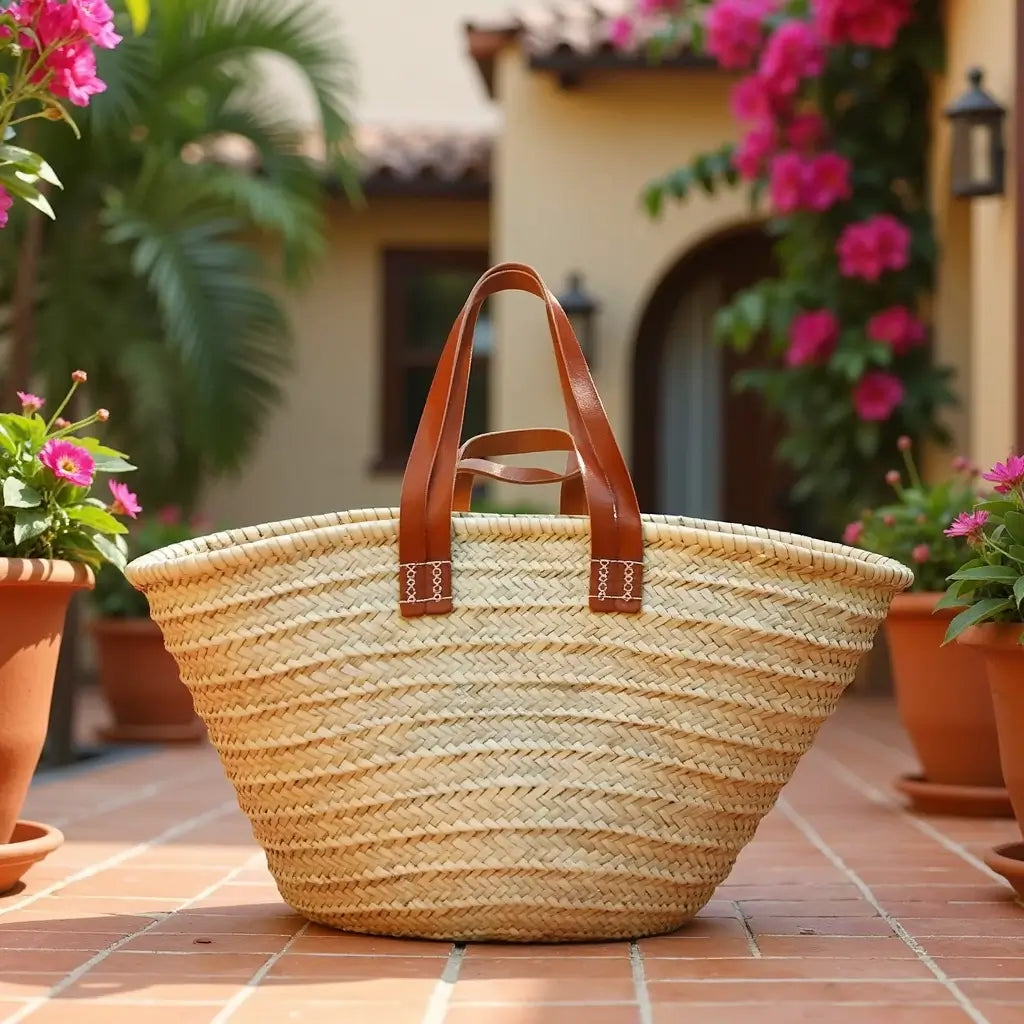 Natural Straw Tote Bag with Dual Leather Handles – Handwoven Beach Basket