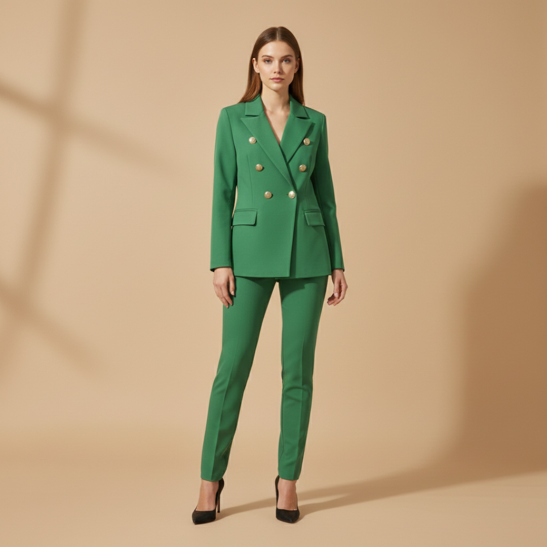 Women’s Suit Set with Metal Buttons and Slim Trousers
