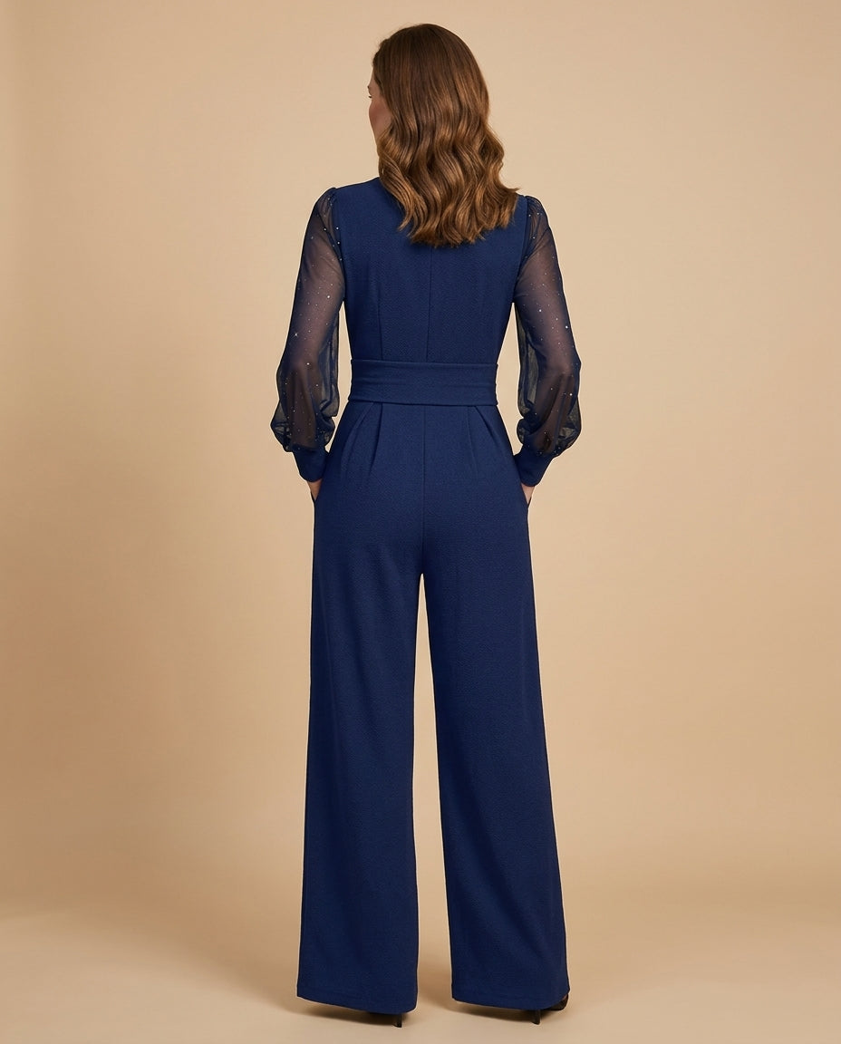 Elegant Allure, Effortless Confidence – Navy Wide-Leg Jumpsuit