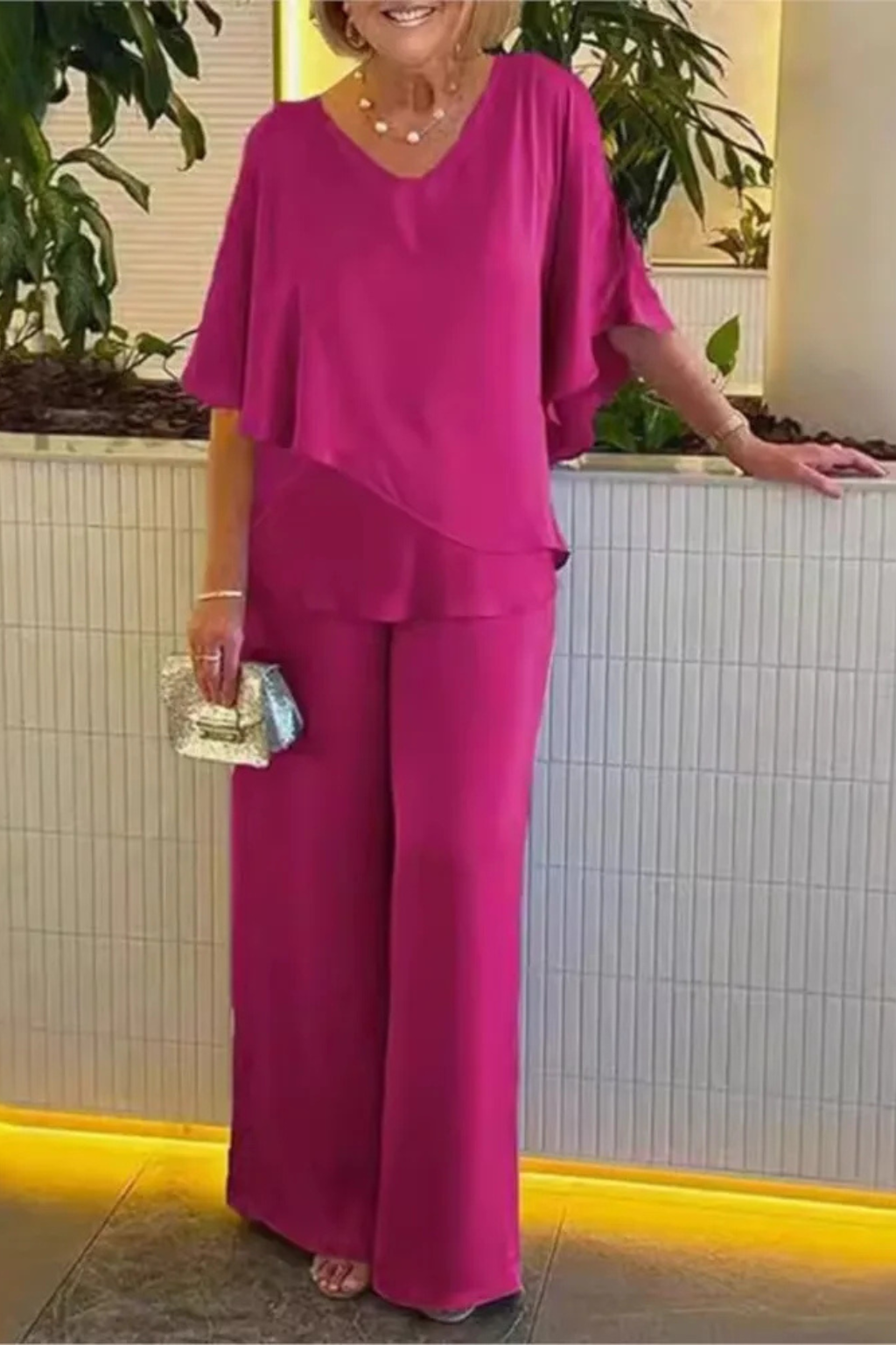 Serena | Women V Neck Batwing Sleeve Top and Wide Leg Trousers Two Piece Set