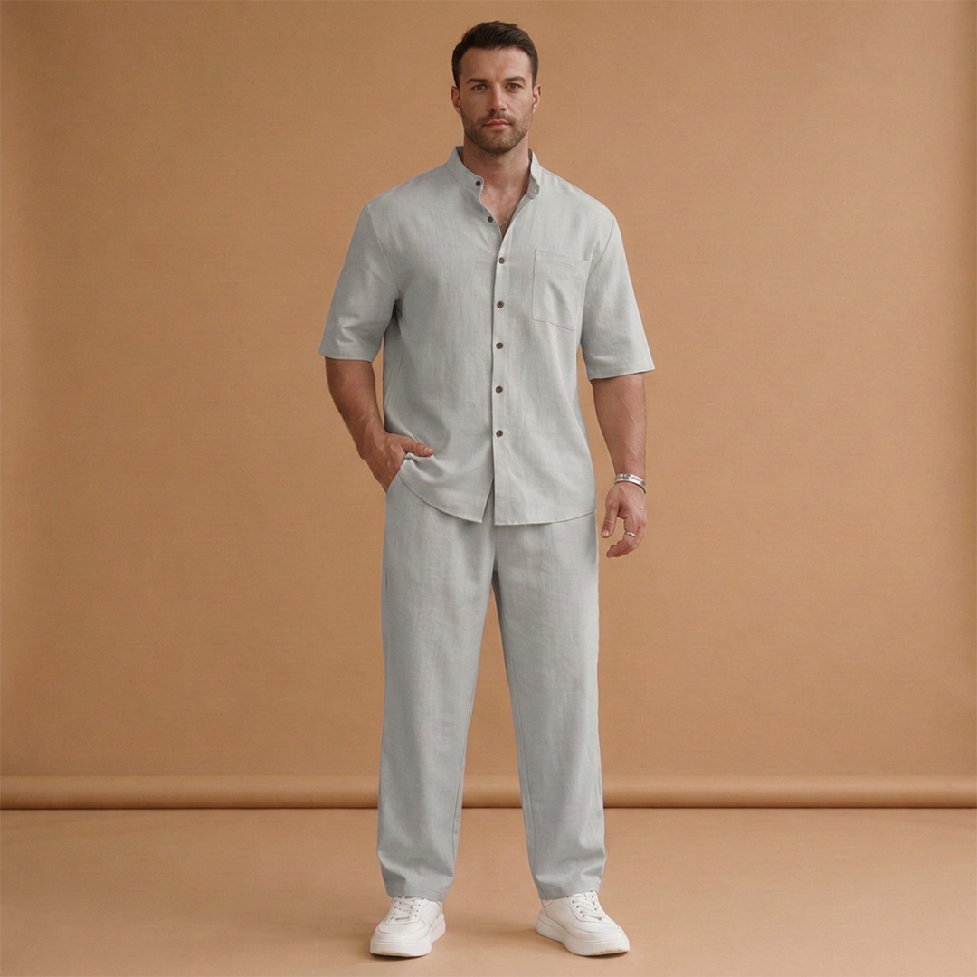 Men's Summer Set with Short-Sleeved Shirt and Long Trousers