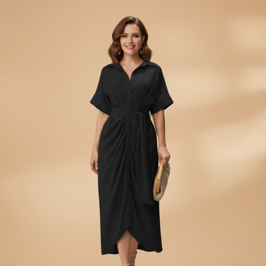 Women's Midi Dress with Short Sleeves and Tie Waist