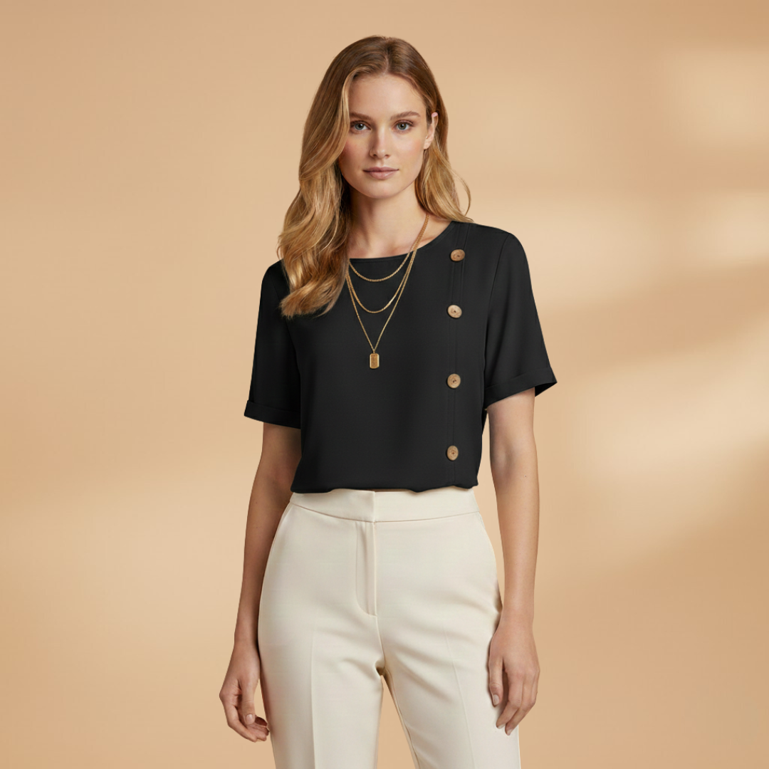 Women’s Short Sleeve Blouse with Side Buttons and Loose Fit