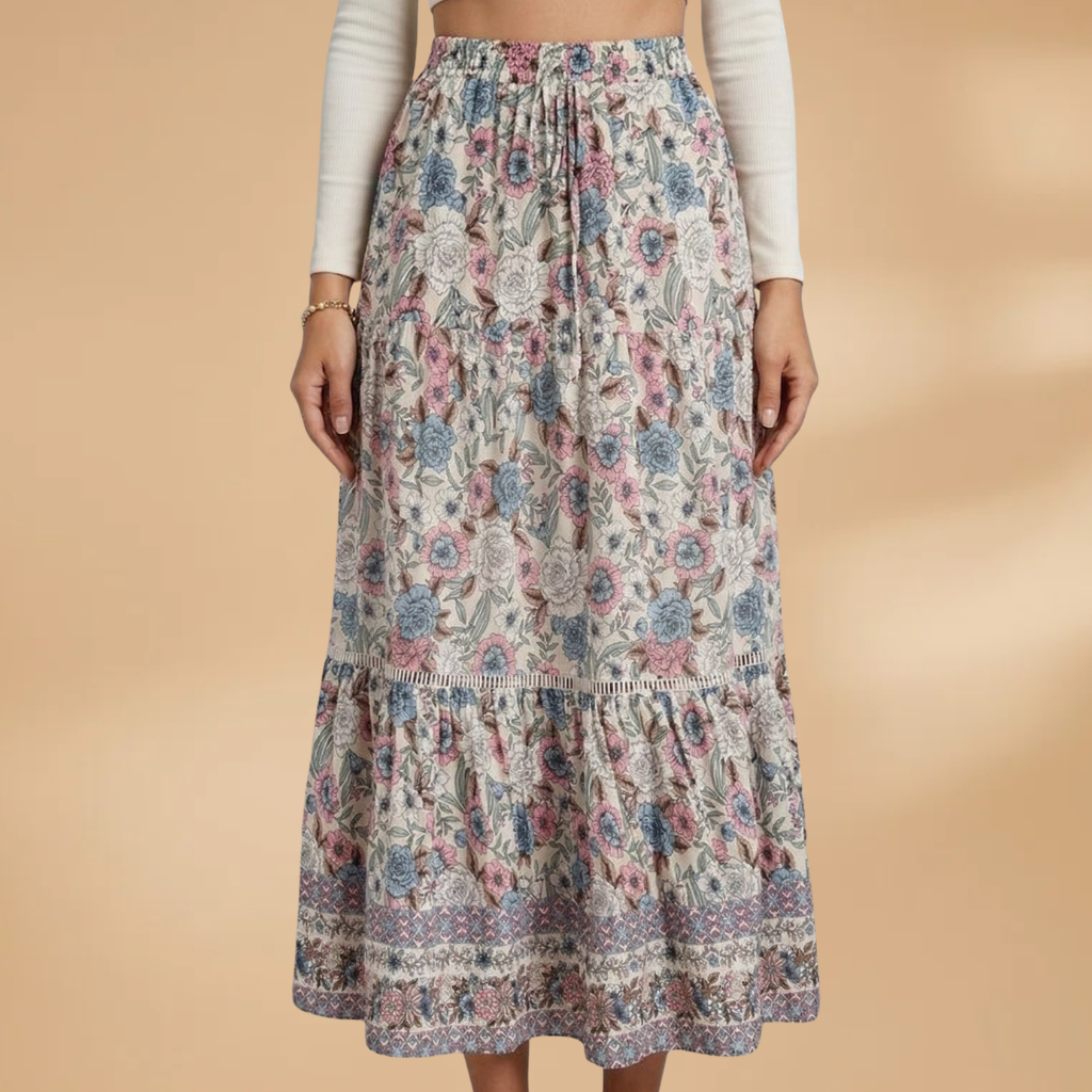 Women's Summer Skirt with Floral Pattern and Elasticated Waistband