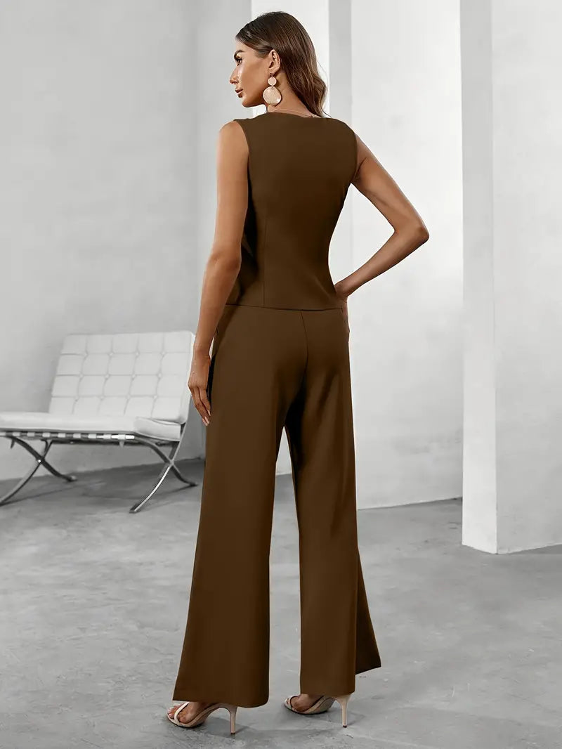 Rovena | Women Sleeveless Vest and Wide Leg Buttoned Trousers Set