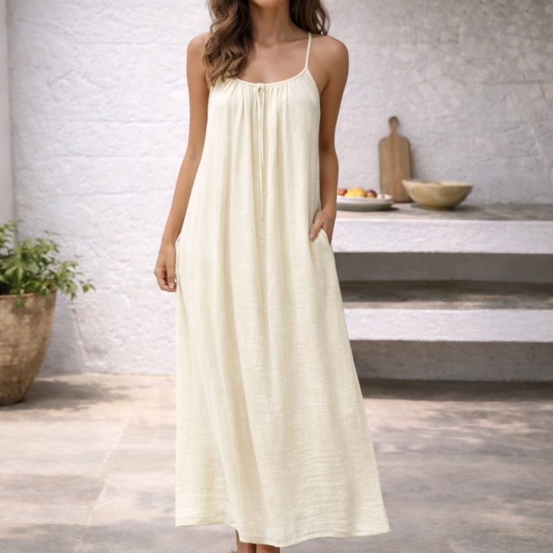 Robe Longue en Lin et Coton à Bretelles Spaghetti Réglables et Dos Nu pour Femme
