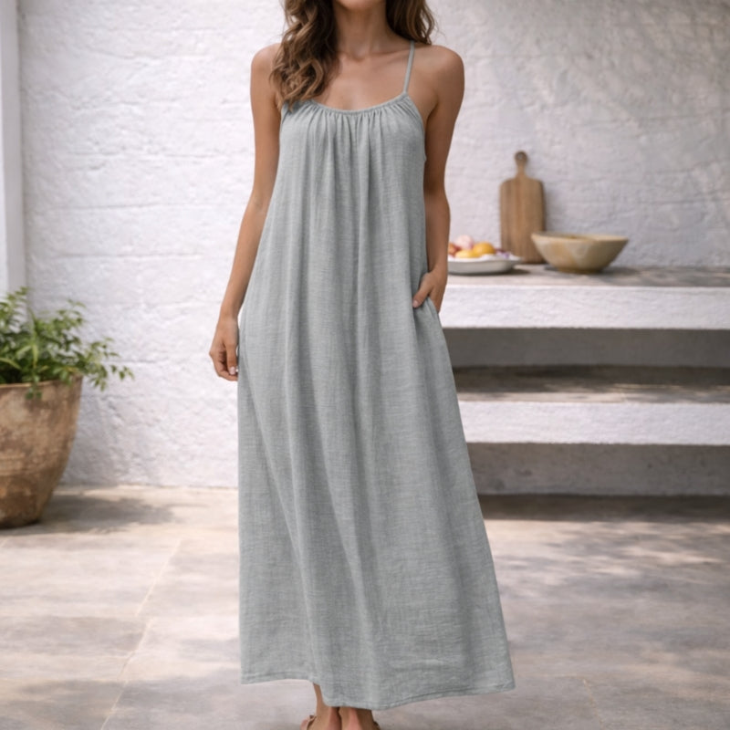 Robe Longue en Lin et Coton à Bretelles Spaghetti Réglables et Dos Nu pour Femme