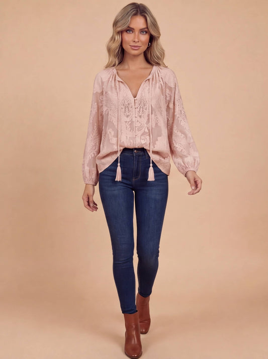 Women’s Top – Boho Lace Blouse with Split Neckline