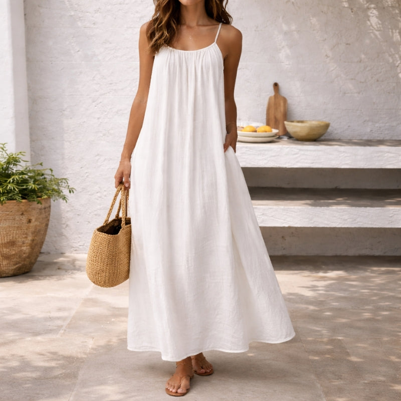 Robe Longue en Lin et Coton à Bretelles Spaghetti Réglables et Dos Nu pour Femme