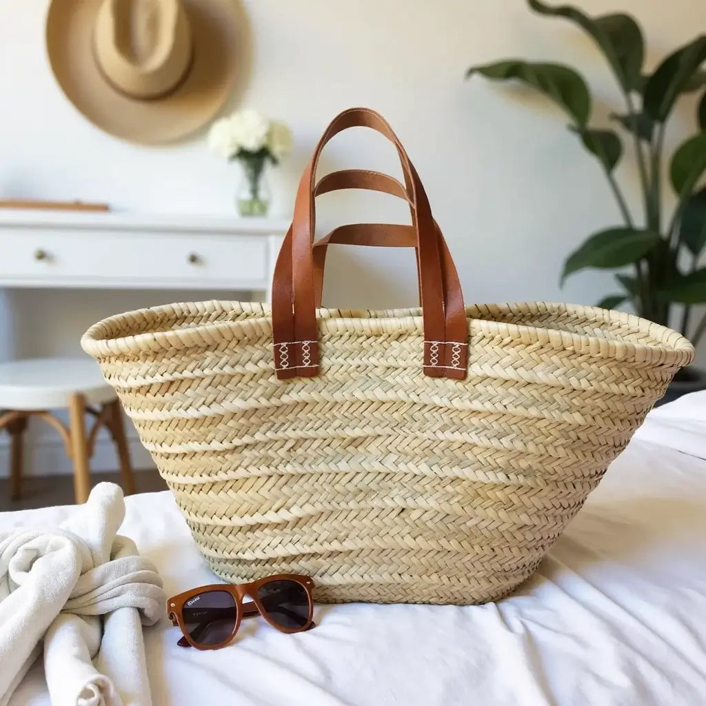 Natural Straw Tote Bag with Dual Leather Handles – Handwoven Beach Basket