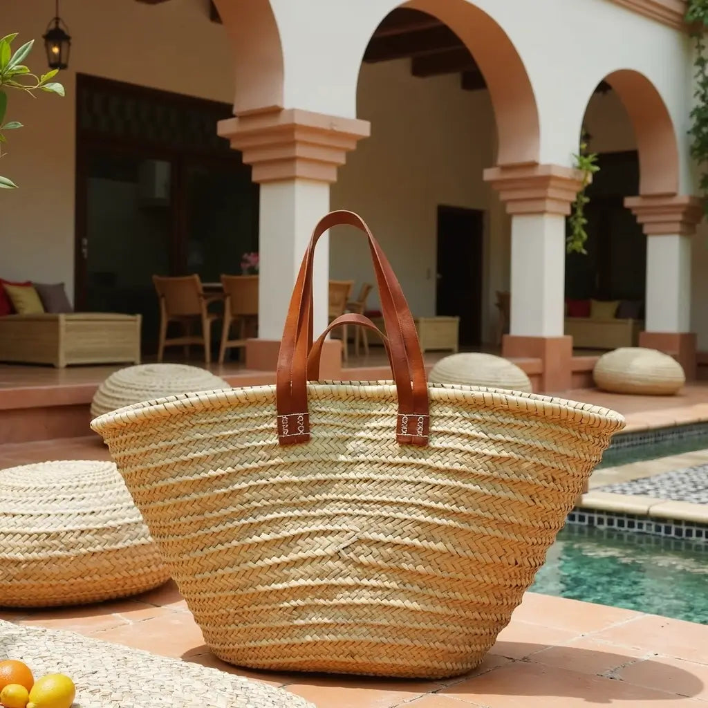 Natural Straw Tote Bag with Dual Leather Handles – Handwoven Beach Basket