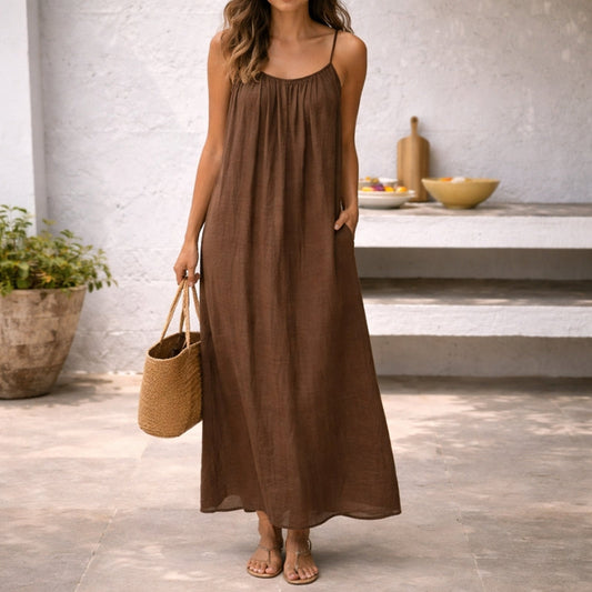 Robe Longue en Lin et Coton à Bretelles Spaghetti Réglables et Dos Nu pour Femme