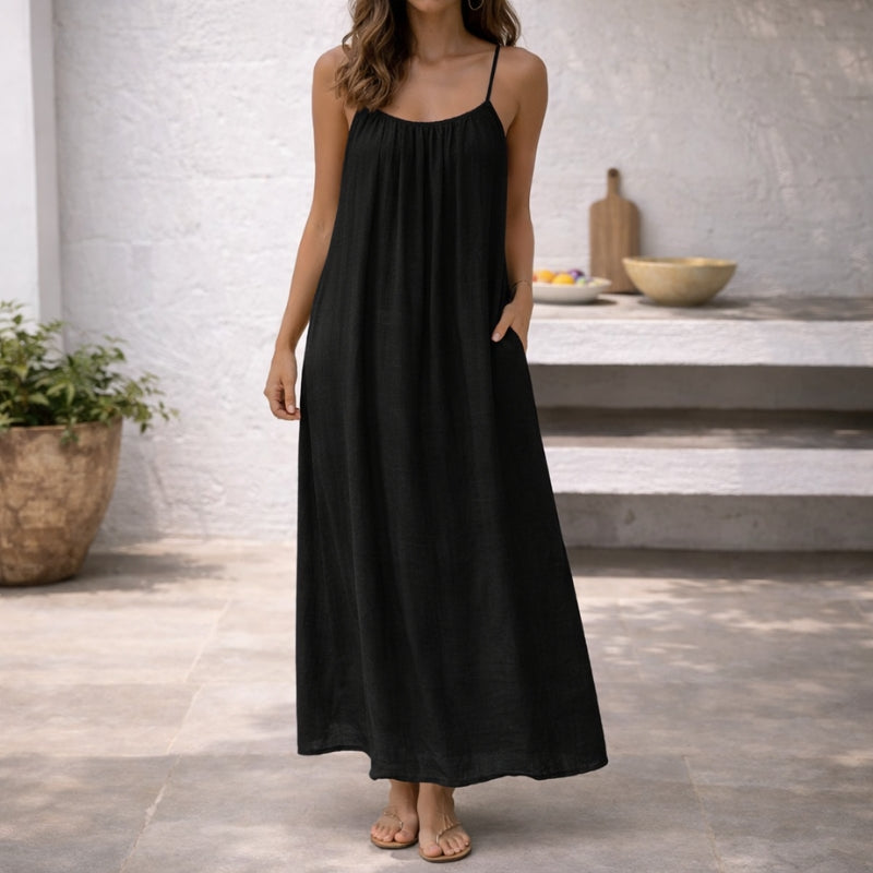 Robe Longue en Lin et Coton à Bretelles Spaghetti Réglables et Dos Nu pour Femme