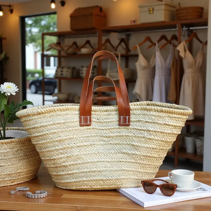 Natural Straw Tote Bag with Dual Leather Handles – Handwoven Beach Basket