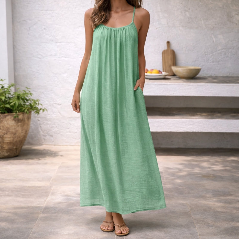 Robe Longue en Lin et Coton à Bretelles Spaghetti Réglables et Dos Nu pour Femme
