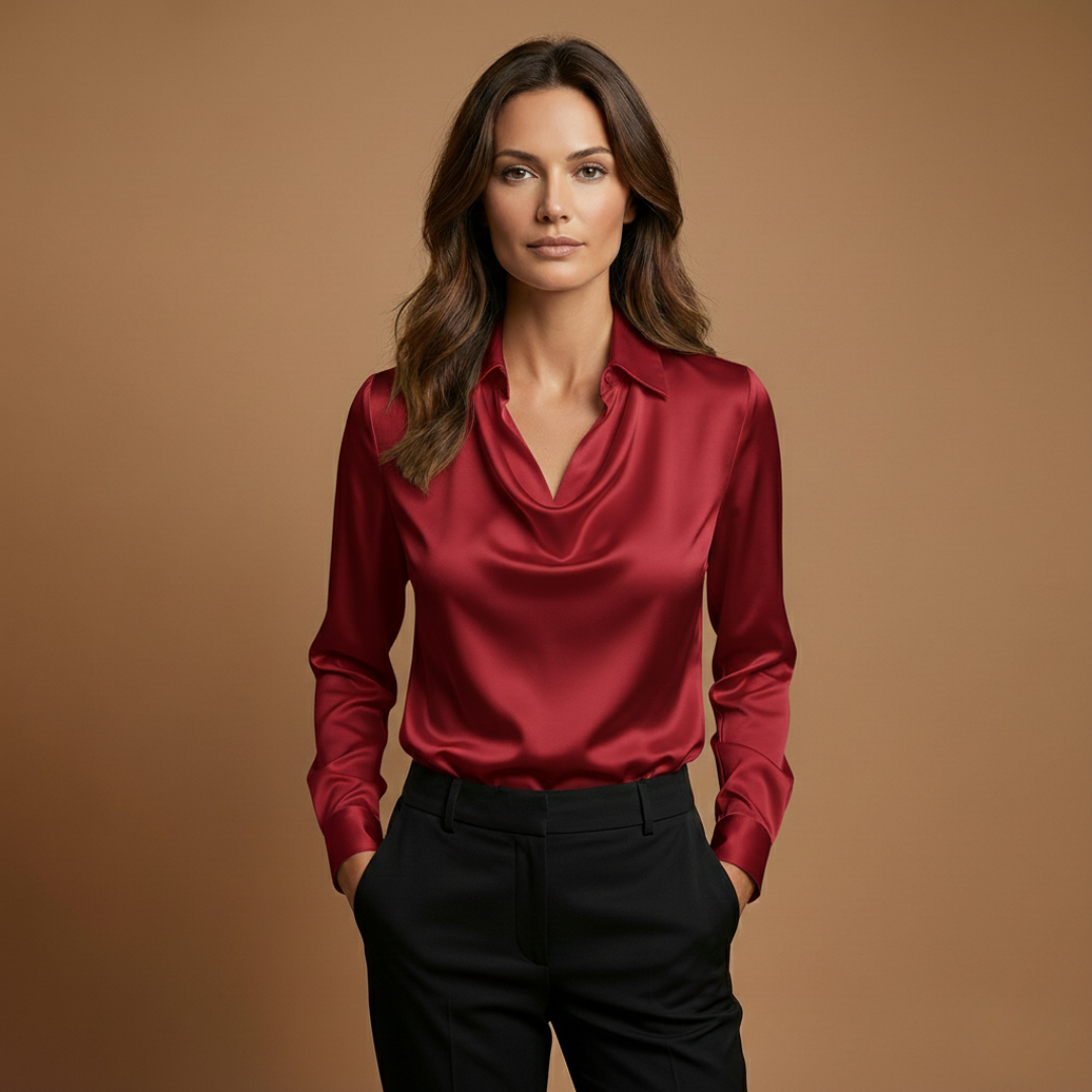 Women’s Blouse with Draped Collar and Long Sleeves