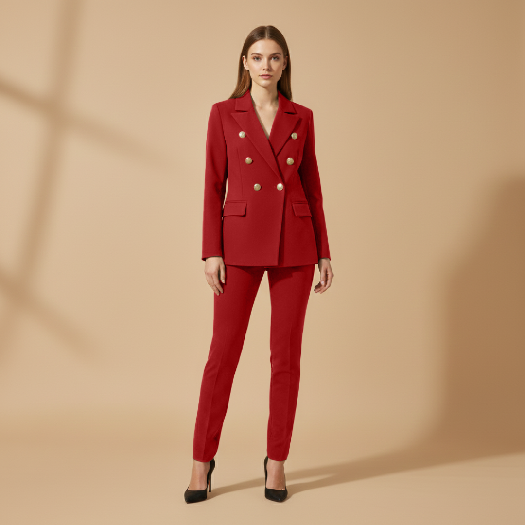 Women’s Suit Set with Metal Buttons and Slim Trousers