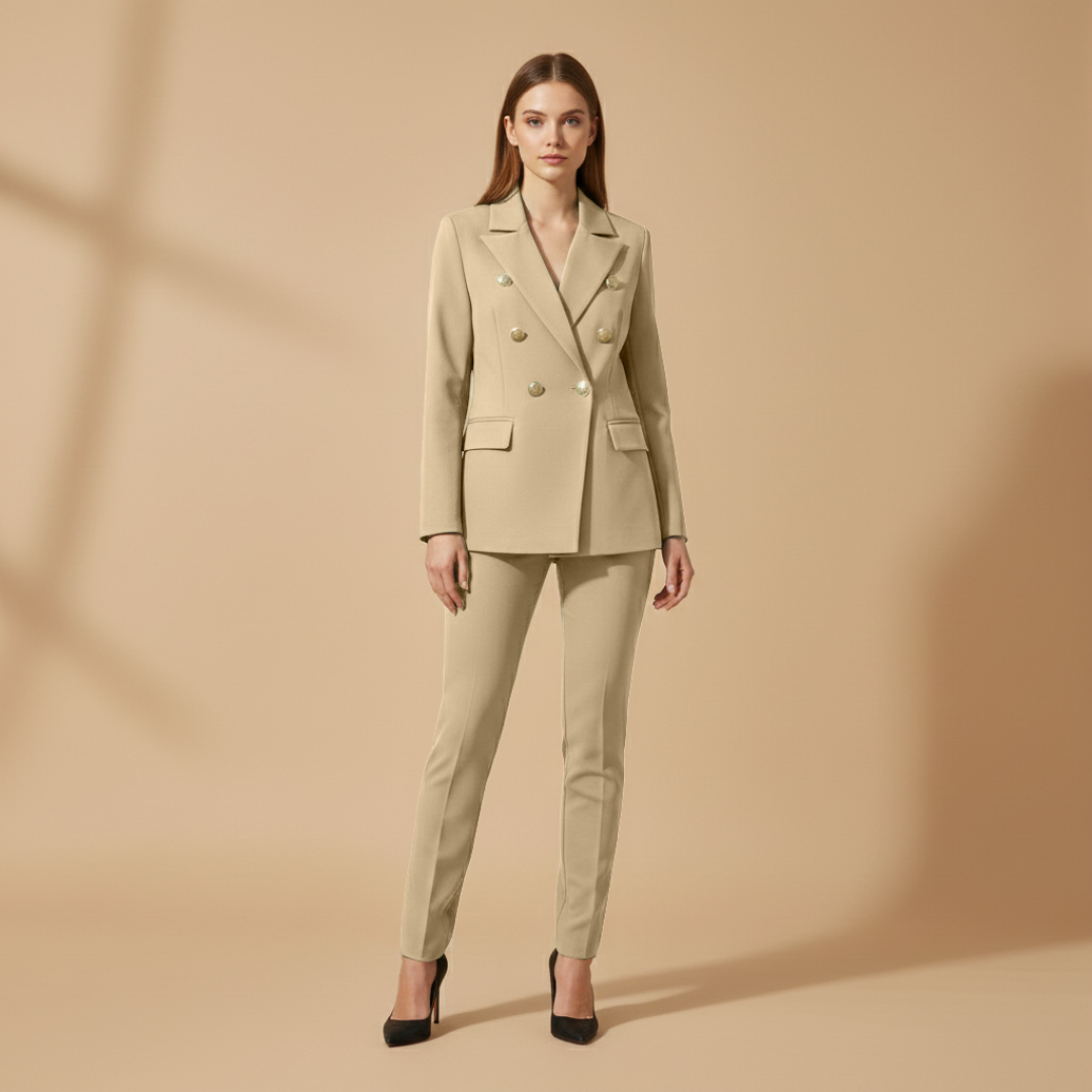 Women’s Suit Set with Metal Buttons and Slim Trousers