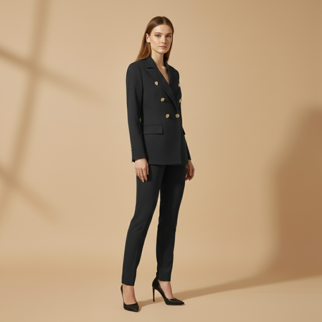 Women’s Suit Set with Metal Buttons and Slim Trousers