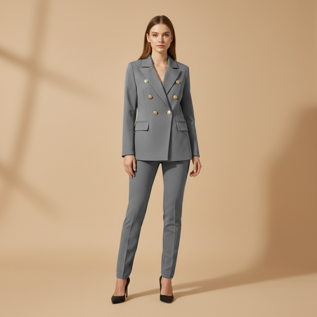 Women’s Suit Set with Metal Buttons and Slim Trousers