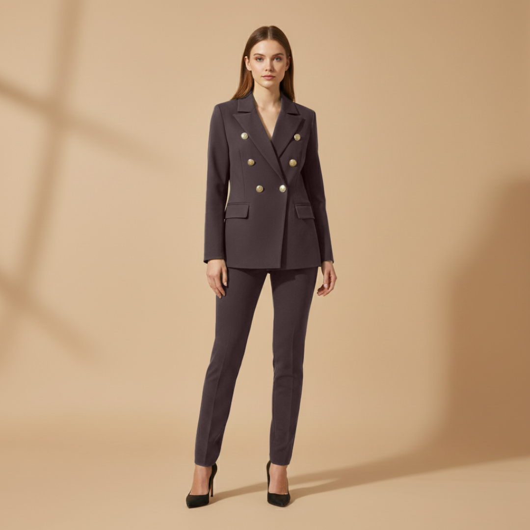 Women’s Suit Set with Metal Buttons and Slim Trousers