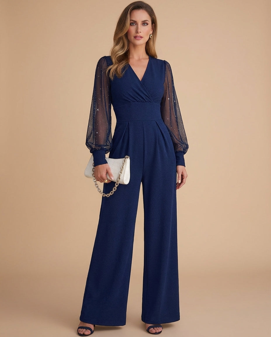 Elegant Allure, Effortless Confidence – Navy Wide-Leg Jumpsuit