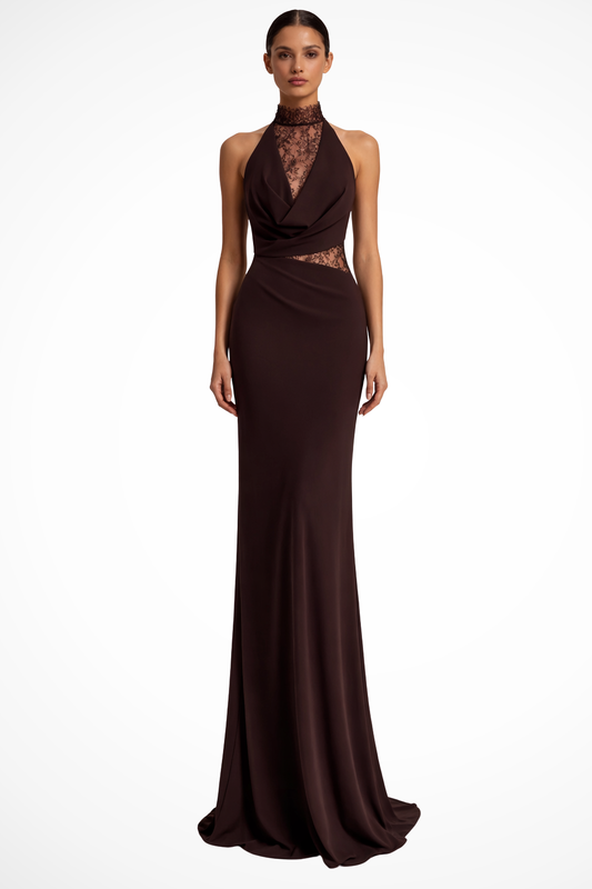 Vesper | Women Halter Neck Lace Panel Sleeveless Wedding Guest Maxi Dress