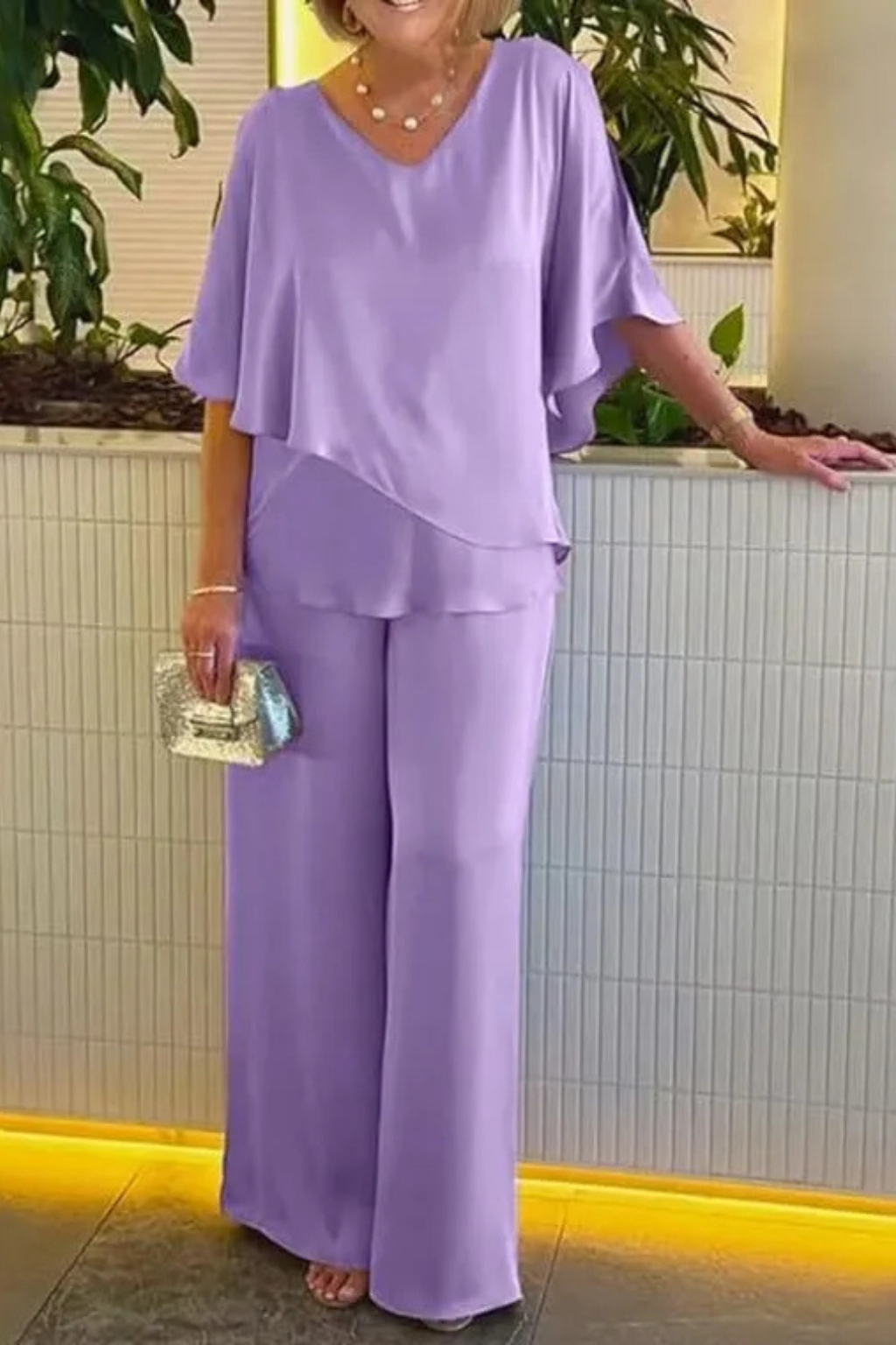Serena | Women V Neck Batwing Sleeve Top and Wide Leg Trousers Two Piece Set