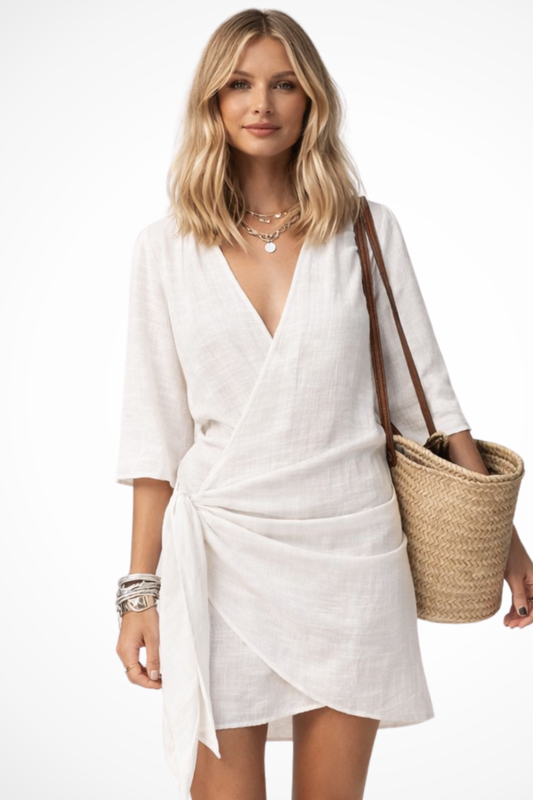Lowri | Women Wrap Mini Dress with Tie Waist and Short Sleeves