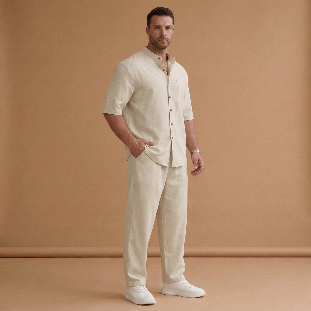 Men's Summer Set with Short-Sleeved Shirt and Long Trousers
