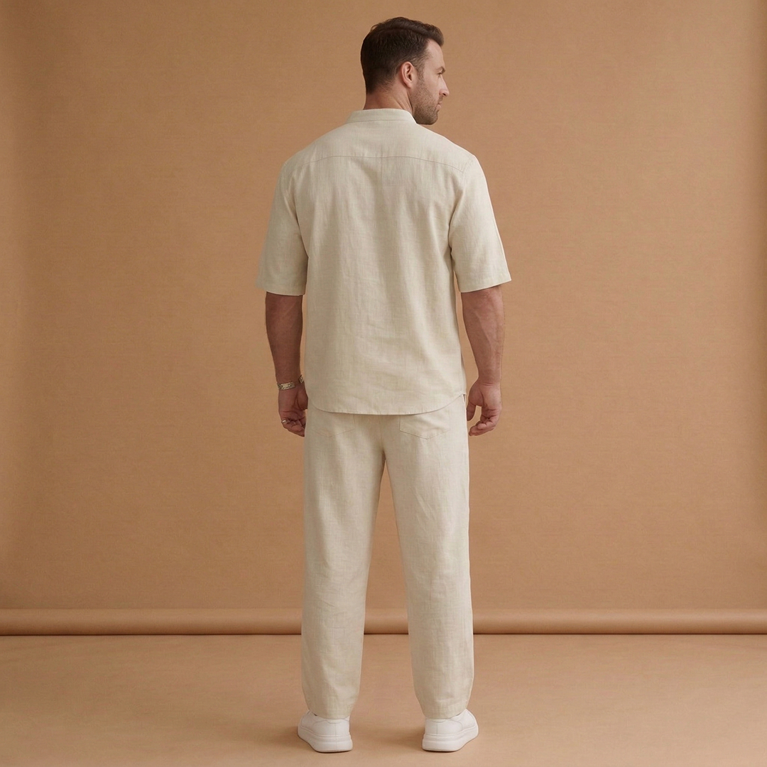 Men's Summer Set with Short-Sleeved Shirt and Long Trousers