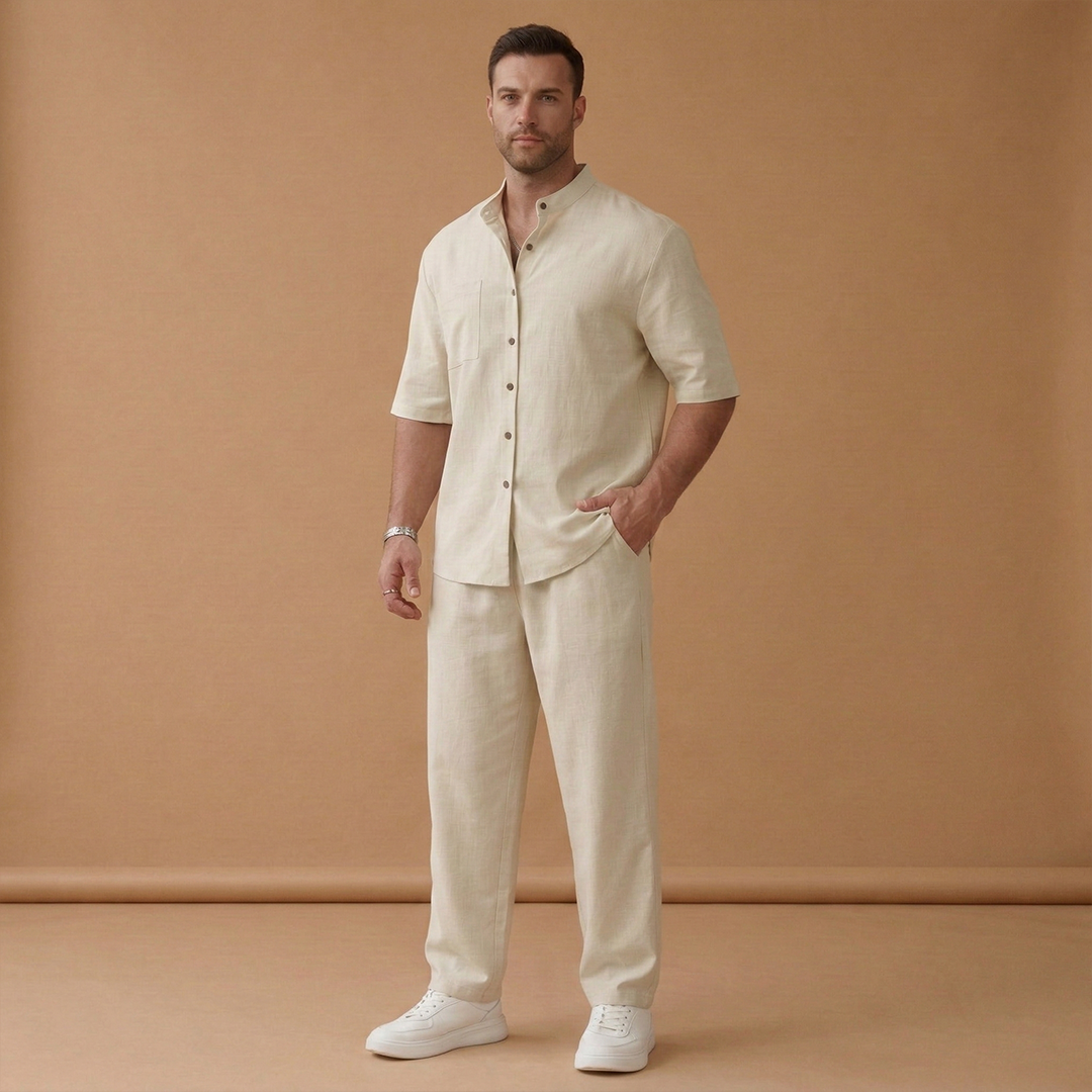 Men's Summer Set with Short-Sleeved Shirt and Long Trousers