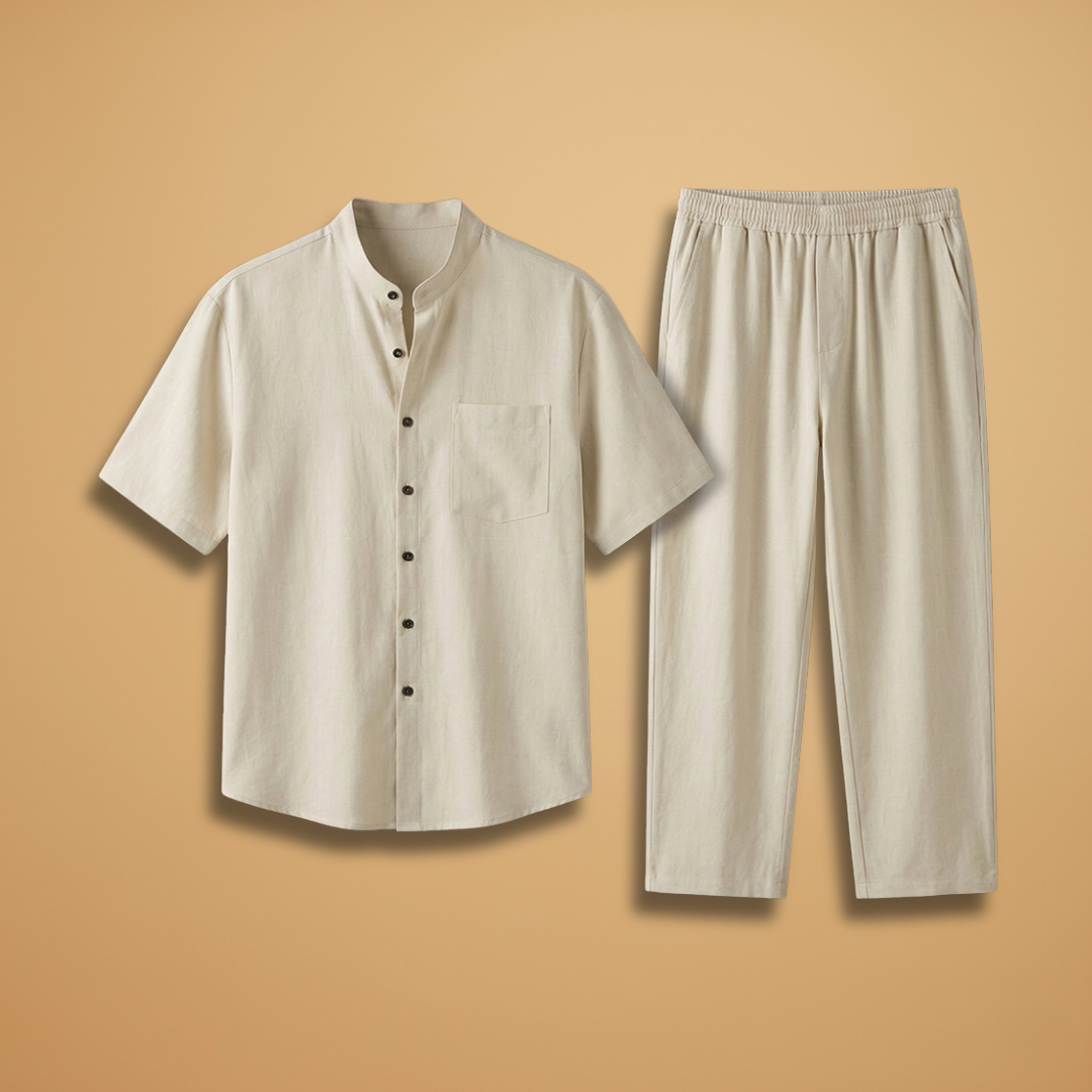 Men's Summer Set with Short-Sleeved Shirt and Long Trousers