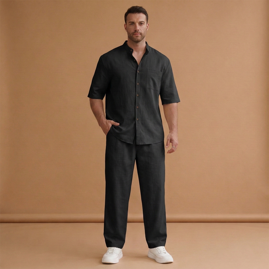 Men's Summer Set with Short-Sleeved Shirt and Long Trousers