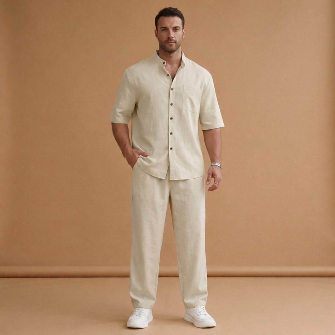 Men's Summer Set with Short-Sleeved Shirt and Long Trousers