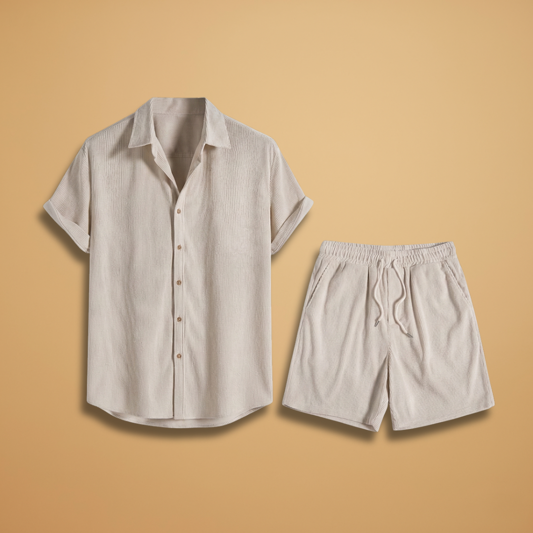 Men's Summer Two-Piece Set with Short-Sleeved Shirt and Drawstring Shorts