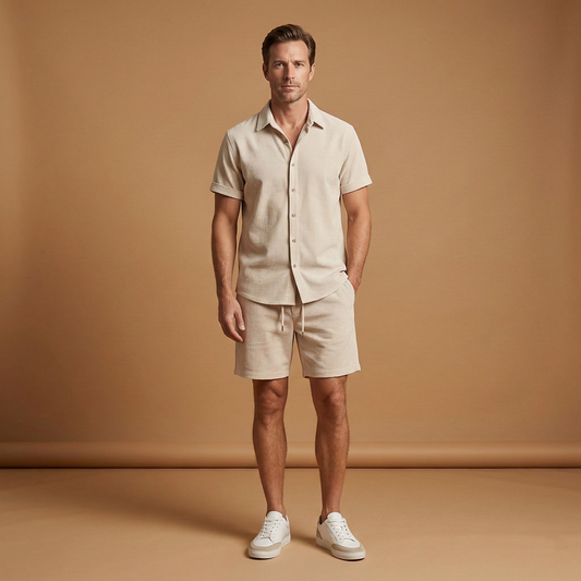 Men's Summer Two-Piece Set with Short-Sleeved Shirt and Drawstring Shorts