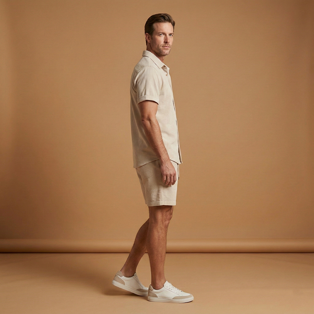 Men's Summer Two-Piece Set with Short-Sleeved Shirt and Drawstring Shorts