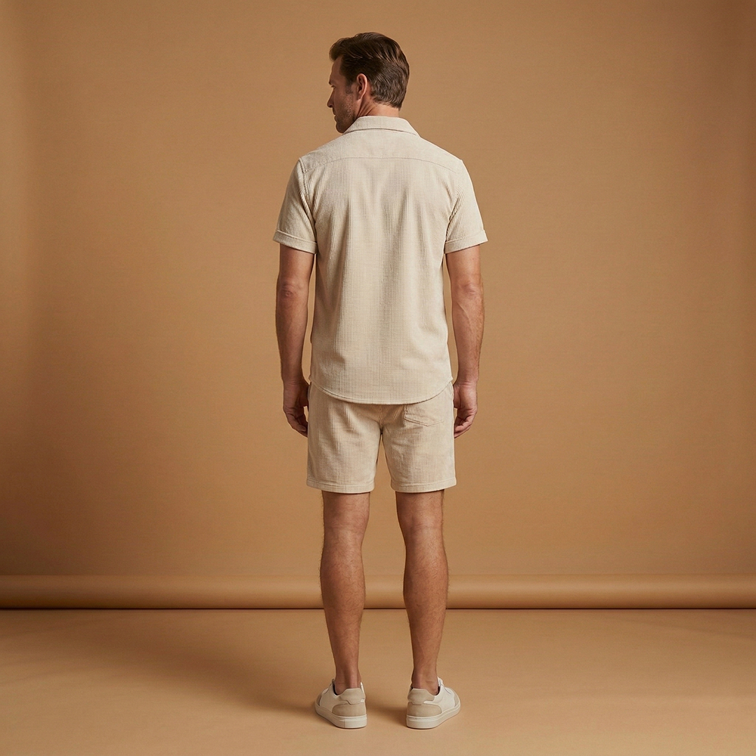 Men's Summer Two-Piece Set with Short-Sleeved Shirt and Drawstring Shorts
