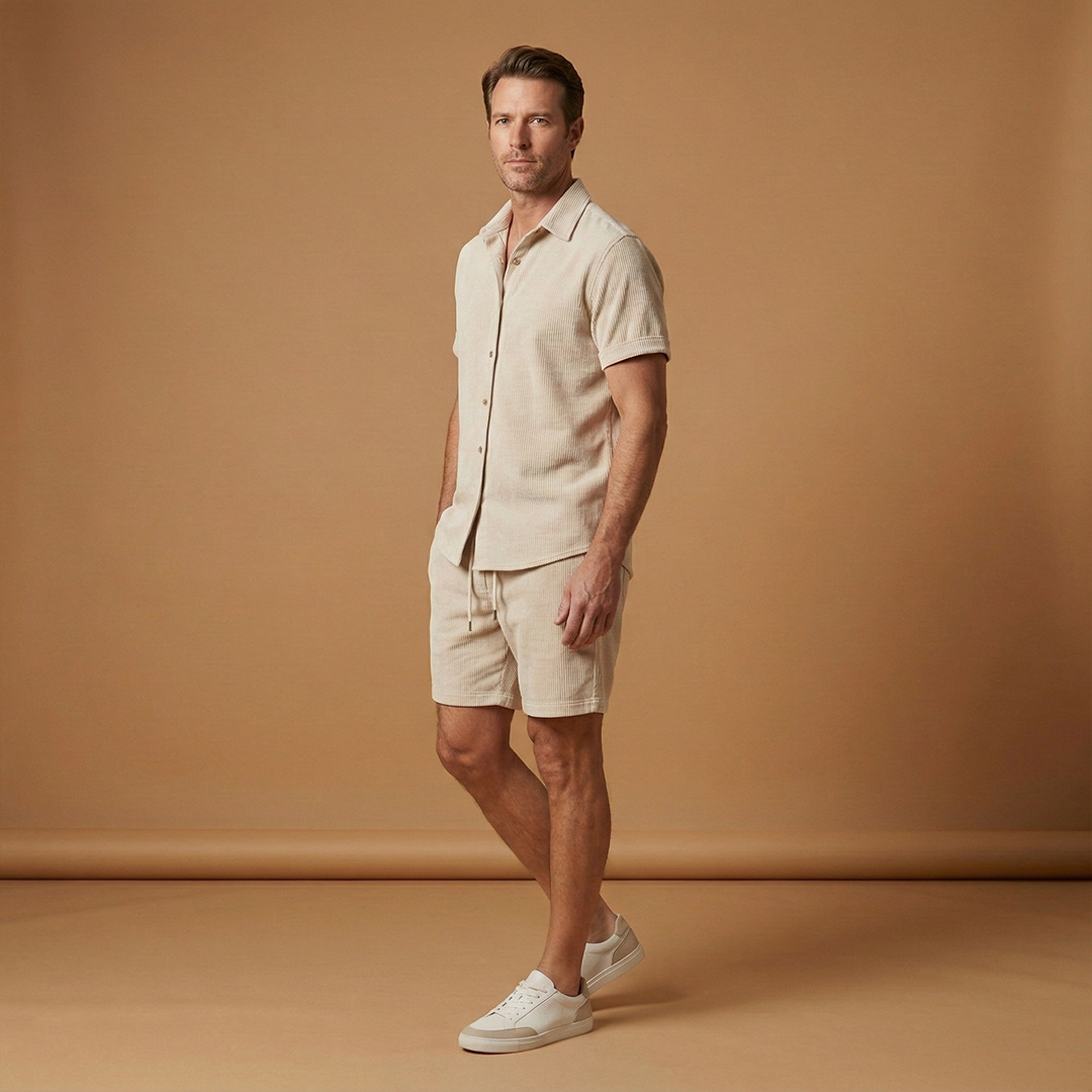 Men's Summer Two-Piece Set with Short-Sleeved Shirt and Drawstring Shorts