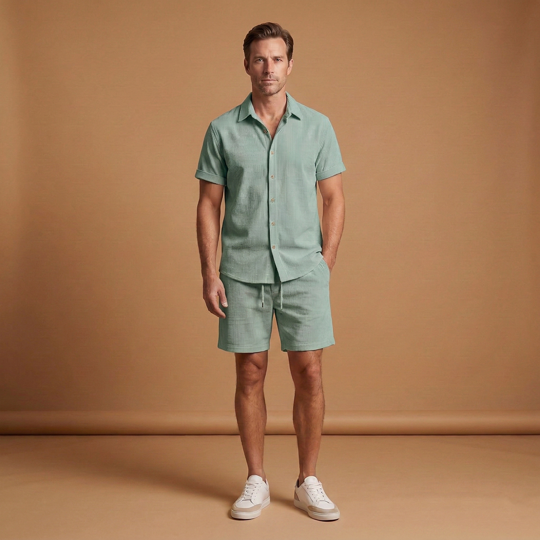 Men's Summer Two-Piece Set with Short-Sleeved Shirt and Drawstring Shorts