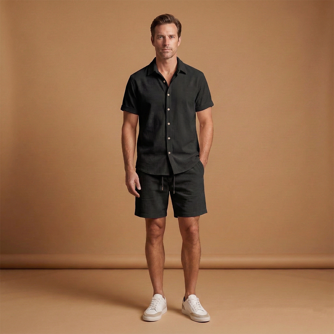Men's Summer Two-Piece Set with Short-Sleeved Shirt and Drawstring Shorts