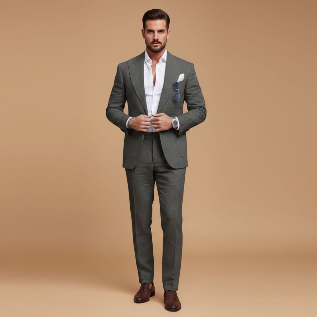 Men’s Two-Piece Suit with Notch Lapel Blazer and Flat-Front Trousers