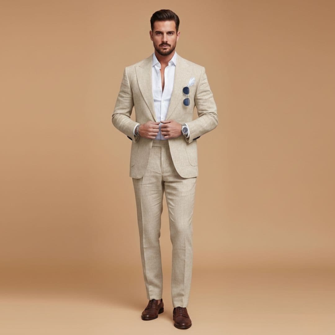 Men’s Two-Piece Suit with Notch Lapel Blazer and Flat-Front Trousers