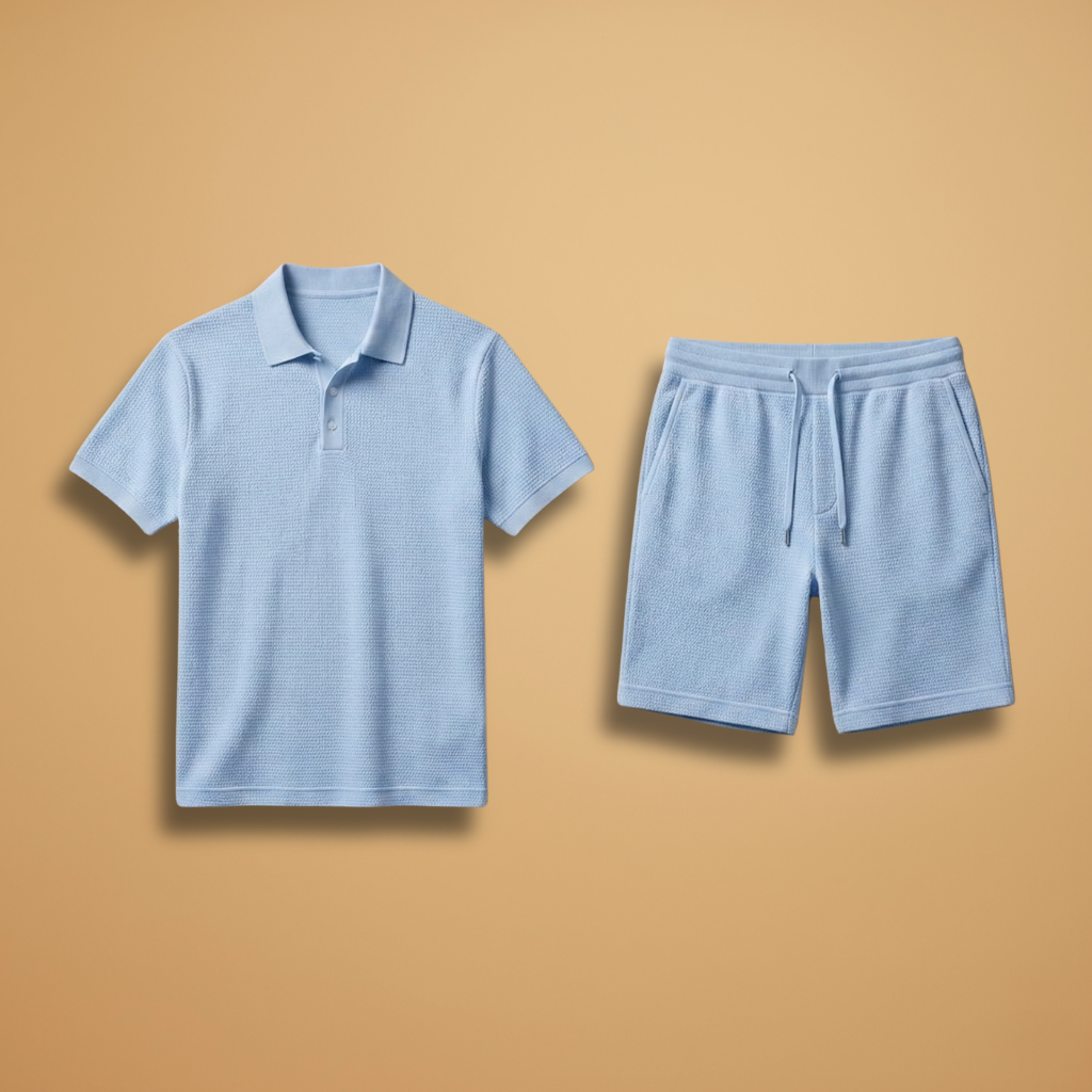 Men Polo Shirt Set with Button Placket and Drawstring Shorts