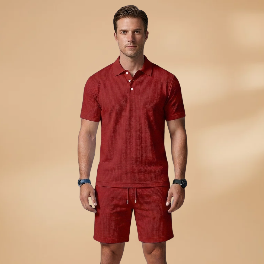 Men Polo Shirt Set with Button Placket and Drawstring Shorts