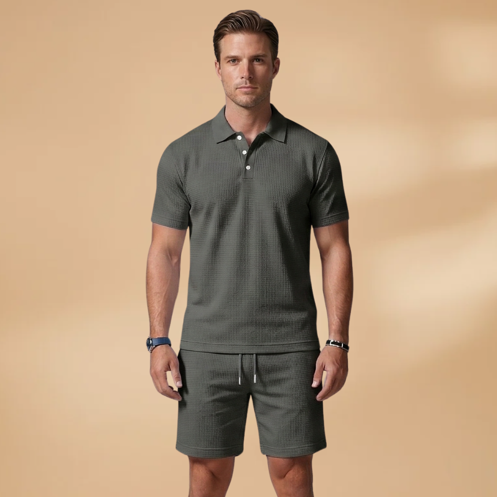 Men Polo Shirt Set with Button Placket and Drawstring Shorts