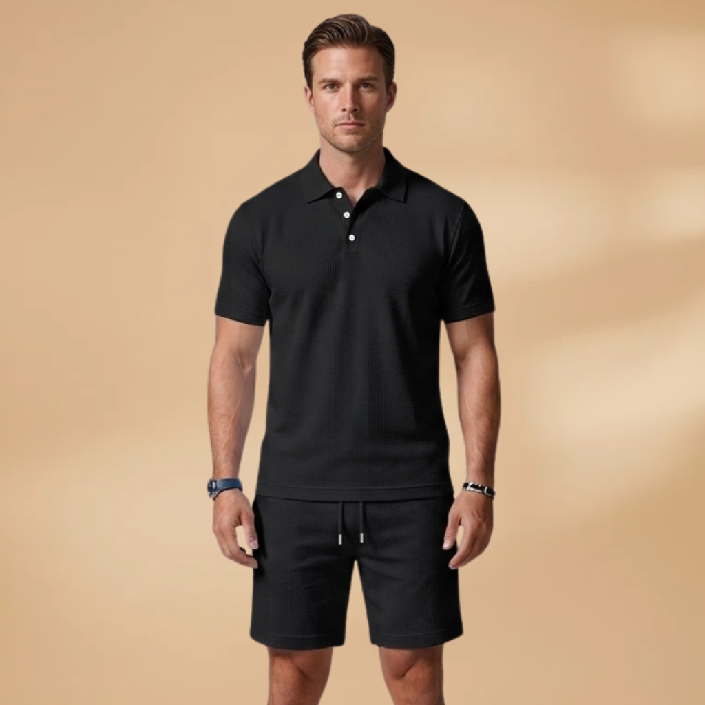 Men Polo Shirt Set with Button Placket and Drawstring Shorts