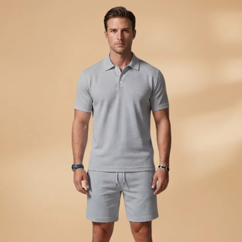 Men Polo Shirt Set with Button Placket and Drawstring Shorts