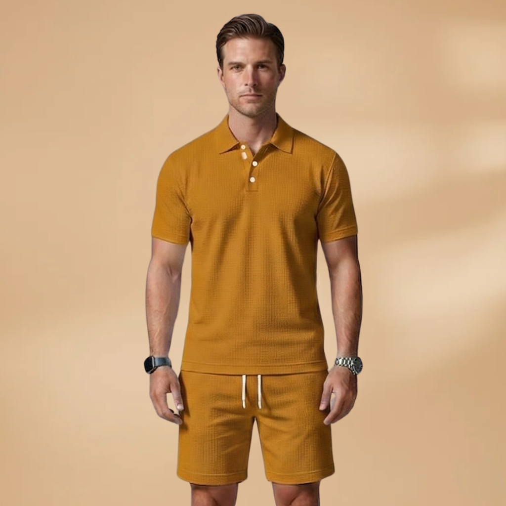 Men Polo Shirt Set with Button Placket and Drawstring Shorts